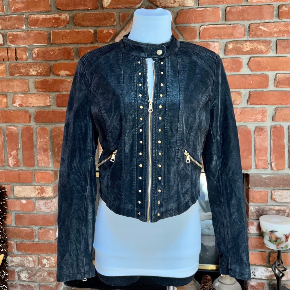 Black MOD Steampunk COUTURE Cropped Studded Moto Rock Faux Leather Jacke… - Picture 2 of 12
